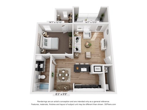 Floor plan for 1 bed, 1 bath, 722 sqft